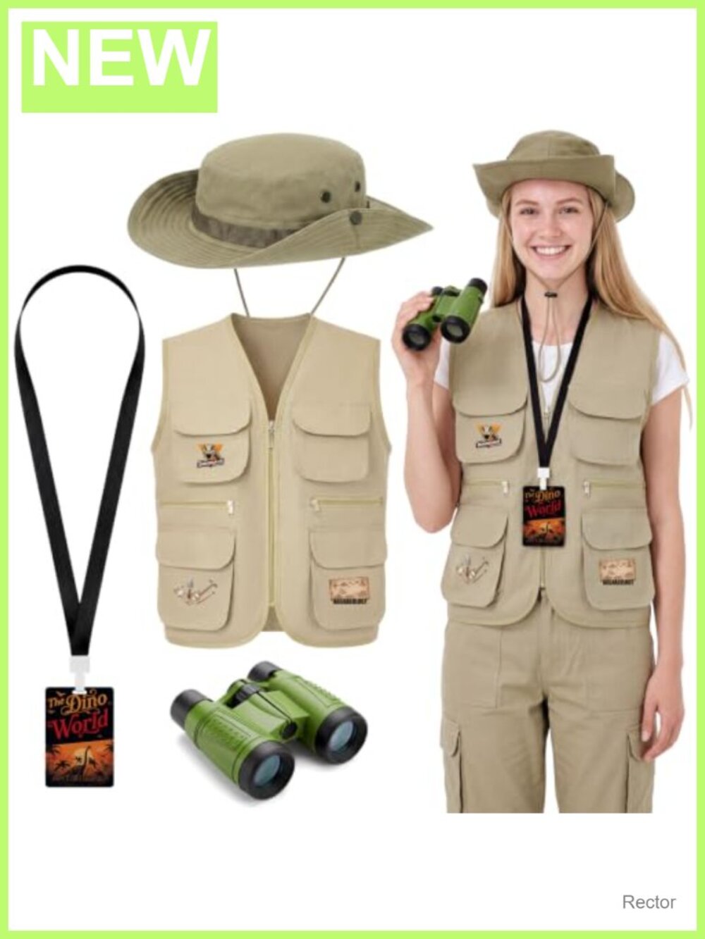 Dinosaur Explorer Costume Set Safari Vest Hat Binoculars Halloween Adult L